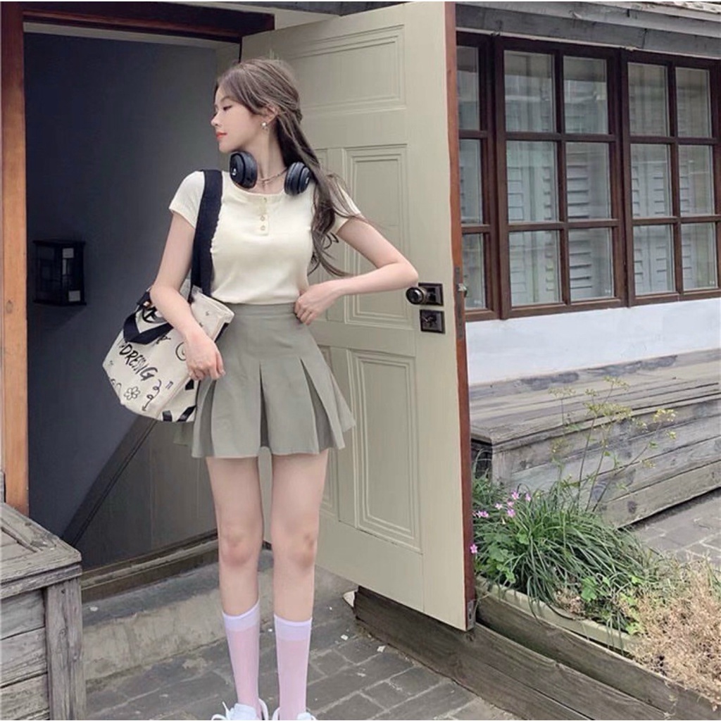 Set áo croptop len tăm ngắn tay kèm chân váy tenis xếp ly phong cách Hàn Quốc dành cho nữ