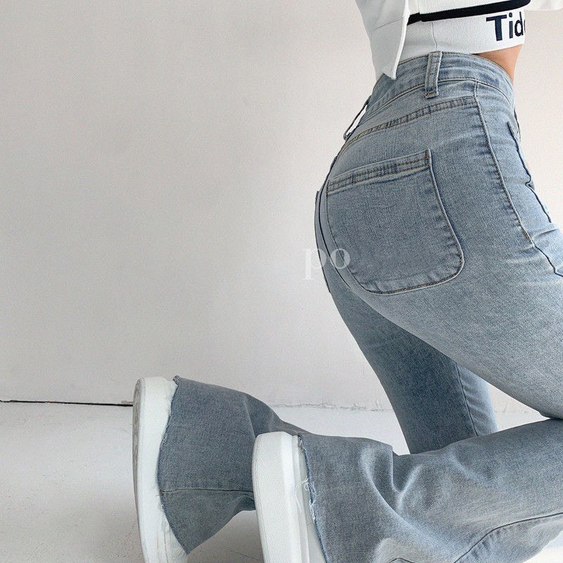 Quần jean ống loe nữ màu xanh nhạt lưng cao cách điệu túi vuông co giãn nhẹ order QJOL004 SẴN