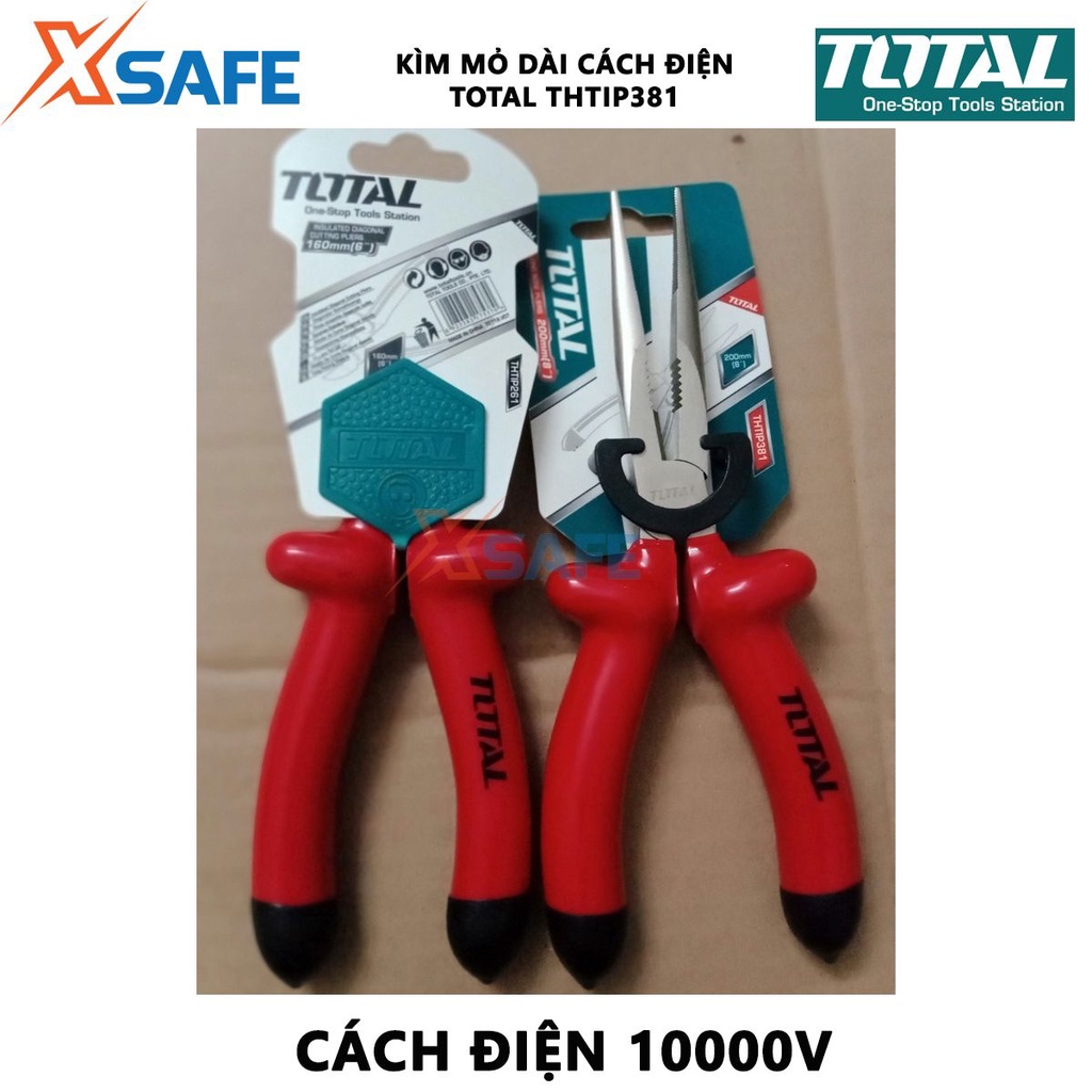 Kềm mỏ dài cách điện TOTAL THTIP381 Kìm điện mỏ dài size 8&quot;/200mm, kiểm tra 10000V, dùng kẹp, cắt, vặn dây điện - XSAFE