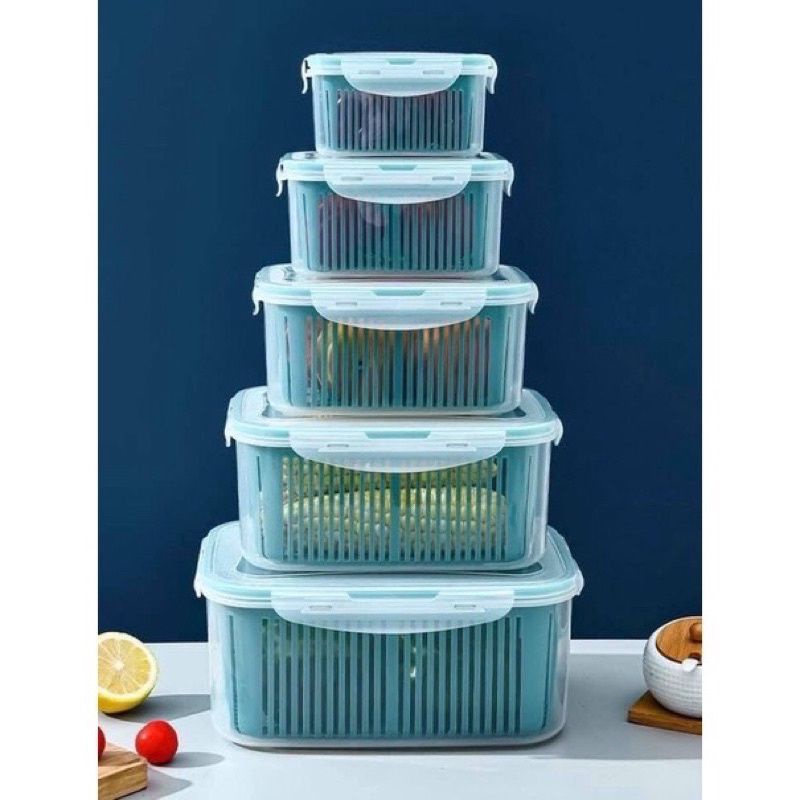 Set 5 hộp thực phẩm 2 lớp, hộp đựng đồ bảo quản tủ lạnh đa năng có nắp đậy kèm rổ cao cấp - cocochang