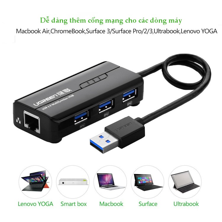 HUB USB 3 cổng 3.0 kèm cổng mạng LAN 10/100/1000 Mbps UGREEN CR103 20265 - Hàng phân phối chính hãng - Bảo hành 18 tháng