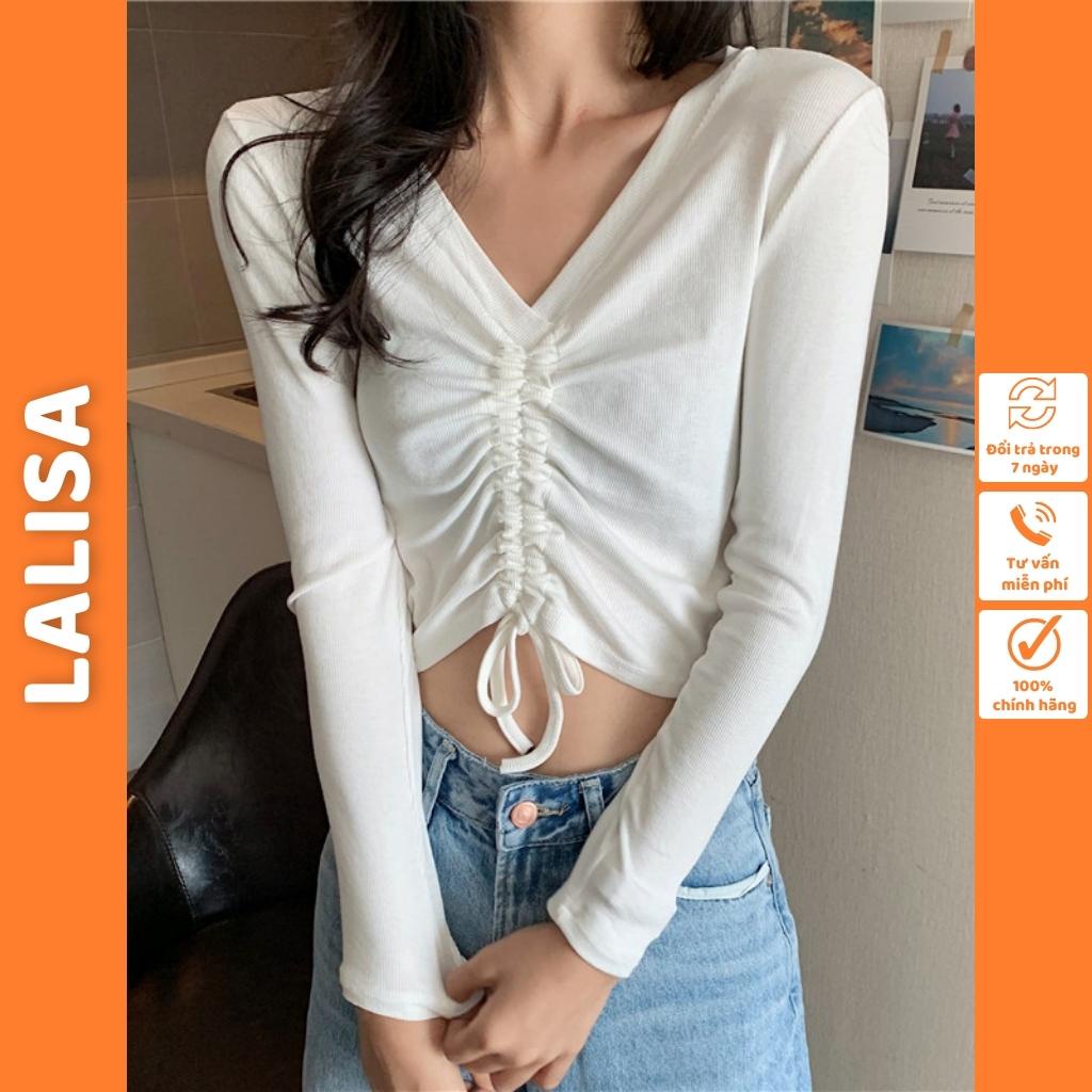 Áo Croptop Kiểu Tay Dài LALISA Áo Croptop Cổ Tim Rút Dây Kiểu Nữ Ôm Body Sexy Ulzzang Chất Vải Thun Gân Cao Cấp AO042