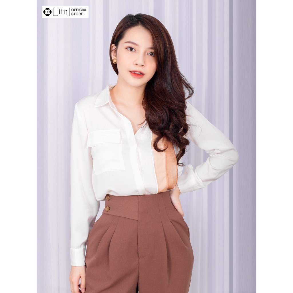 Áo sơ mi nữ Linbi màu Trắng chất Lụa đẹp, thiết kế 1 Túi kèm viền sang trọng Liin Clothing SM3600