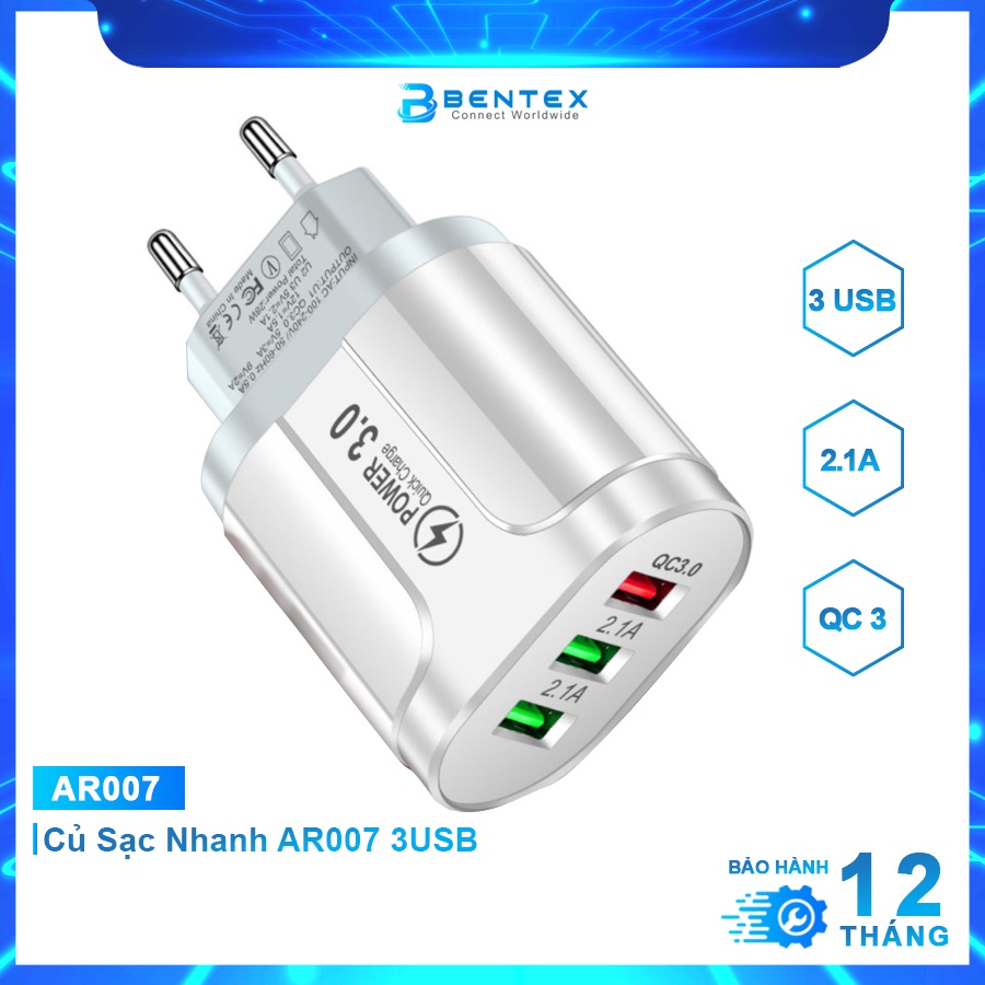 Củ Sạc Nhanh AR007 3USB 3A Tiêu Chuẩn Châu Âu Đốc Sạc Thông Minh Tiện Lợi An Toàn Cho Mọi Thiết Bị BH 12Th- BENTEX