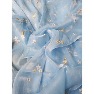 vải tơ óng oganza thêu hoa xanh trời