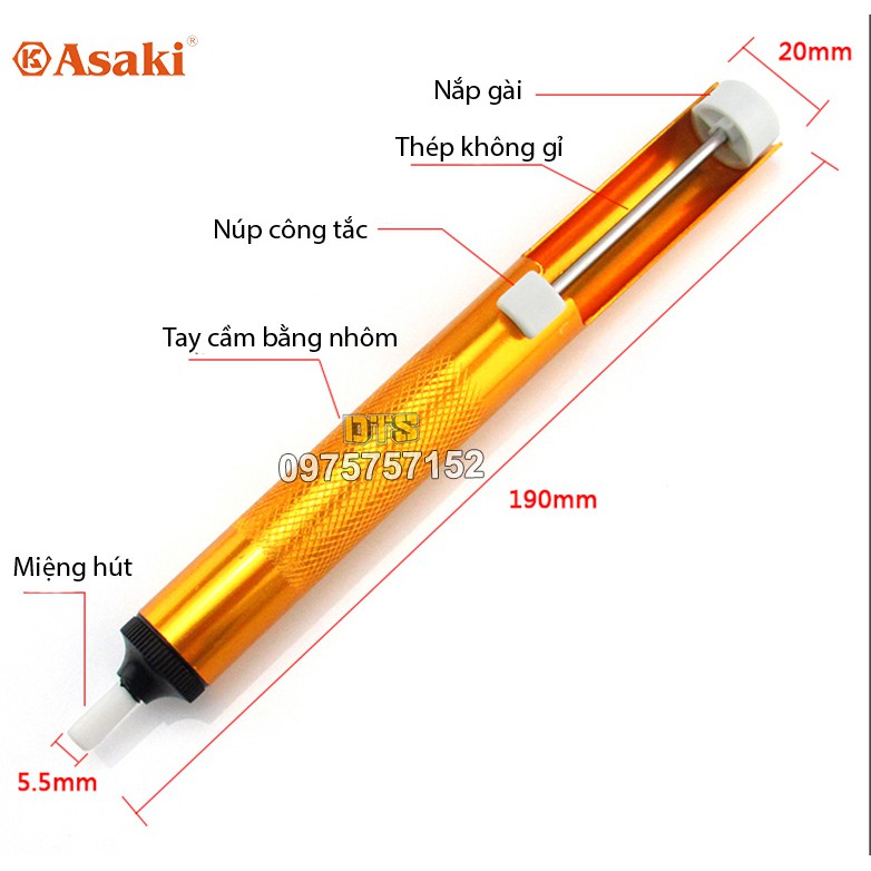 Súng hút thiếc, hút chì mini Asaki 190mm, lực hút thiếc mạnh, thân ống nhôm cao cấp, thiết kế tối ưu nhỏ gọn, bền bỉ