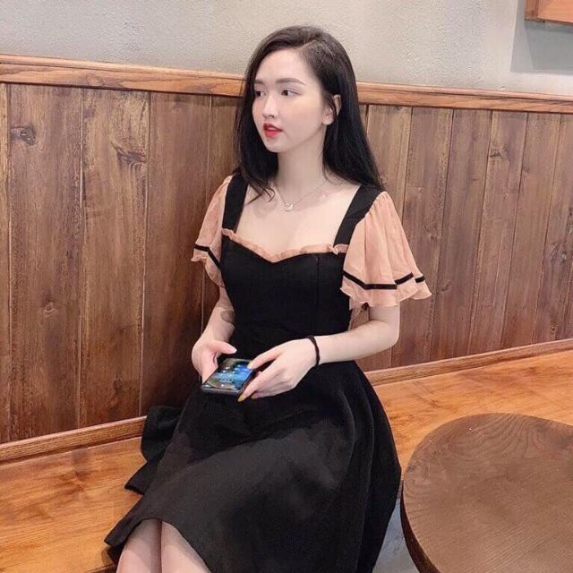 Bán sỉ váy đen xòe pha tay hồng cánh tiên