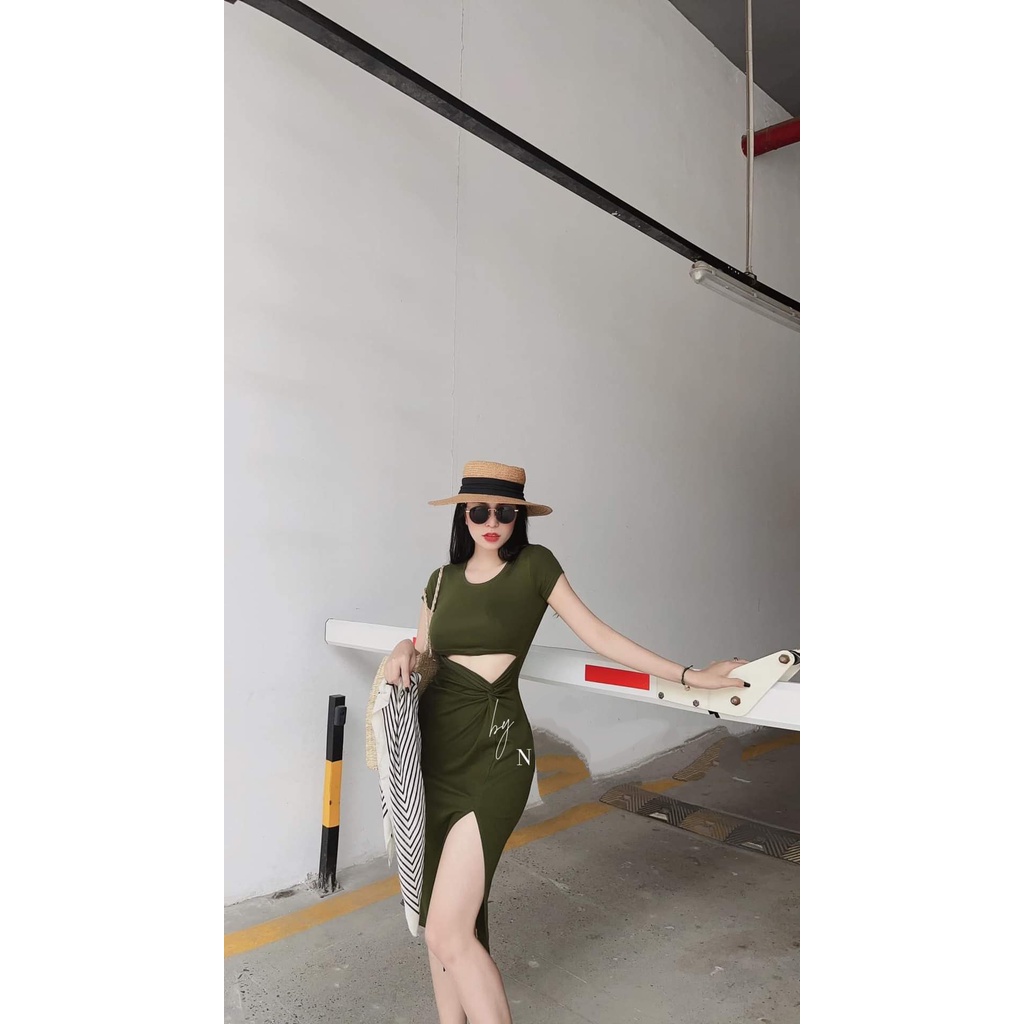 Đầm ôm body cổ tròn tay ngắn khoét nhún eo xẻ tà bên quyến rũ, váy ôm body xẻ tà bên chất thun gân ôm dáng MIDORI247