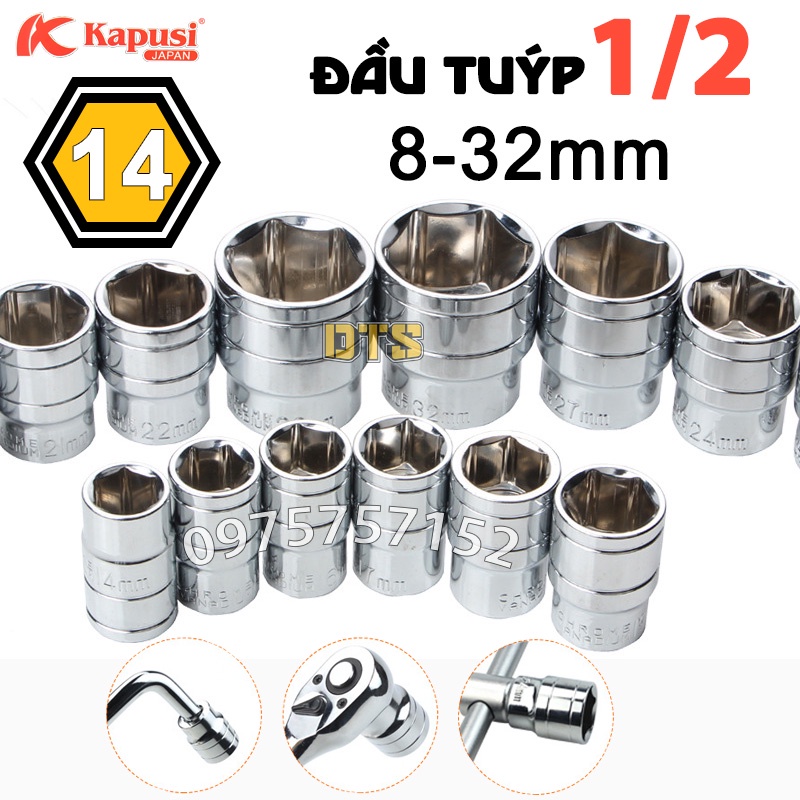 Bộ 14 đầu tuýp 1/2 công nghiệp 8-32MM KAPUSI, đầu típ, đầu khẩu thép CR-V siêu cứng mở bulong ốc, đầu tiếp lục giác