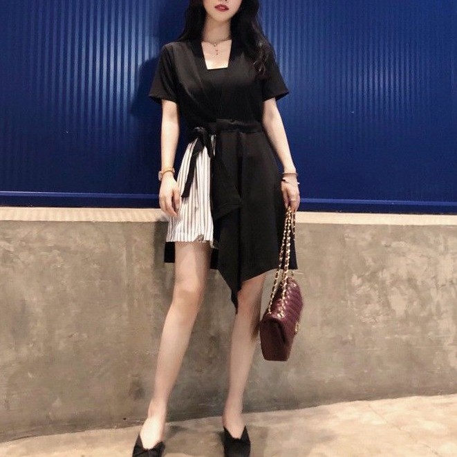 Women's office dress with short sleeves and black skirt