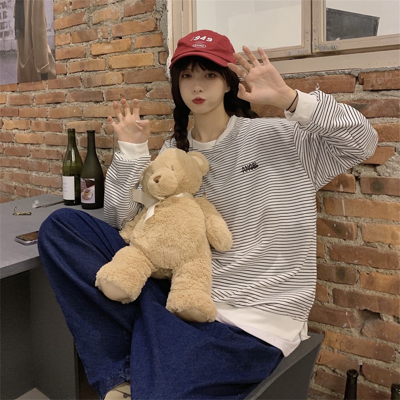 Áo Sweater Dáng Rộng Phối Họa Tiết Kẻ Sọc Đơn Giản Thời Trang Mùa Thu Cho Nữ