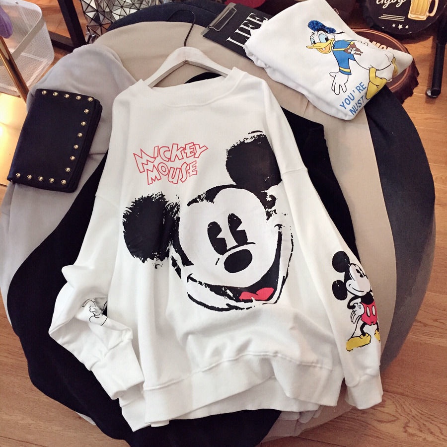 Áo Thun Tay Dài Cổ Tròn In Họa Tiết Hoạt Hình Chuột Mickey Phong Cách Hàn Quốc Thời Trang Thu Đông Cho Nữ