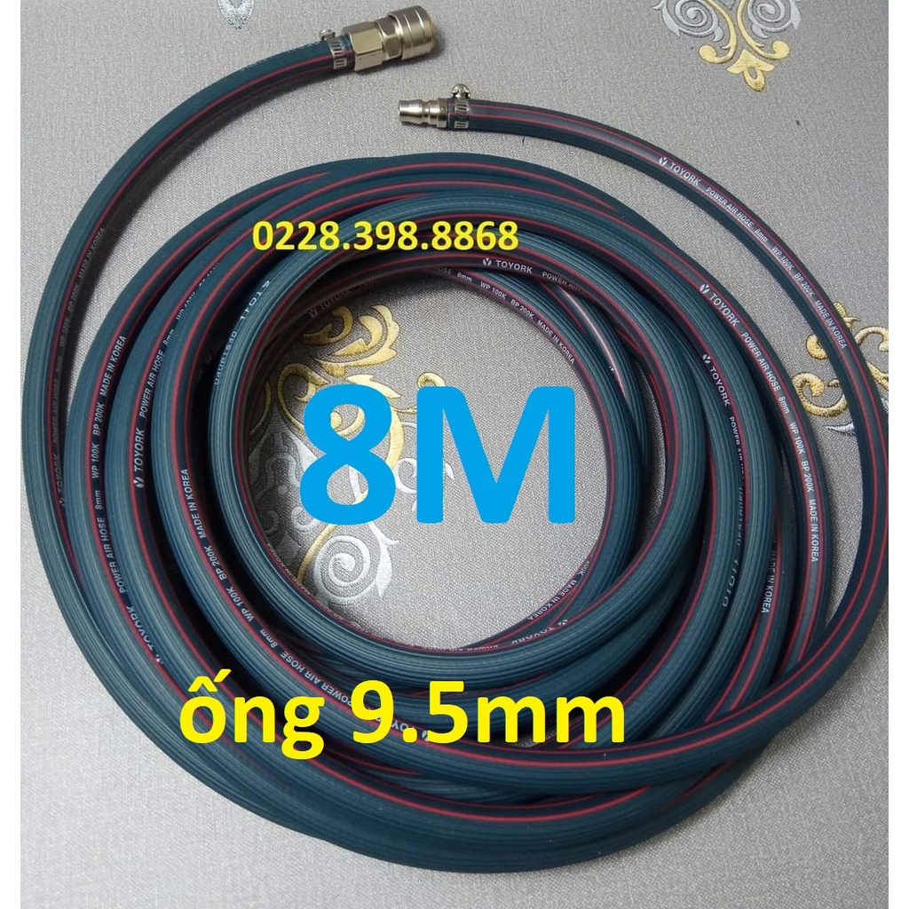 Dây hơi cao su bố vải 8m, made in Korea, lỗ 9.5mm, kèm bộ đầu nối nhanh cao cấp (SS2597) (SS1994)