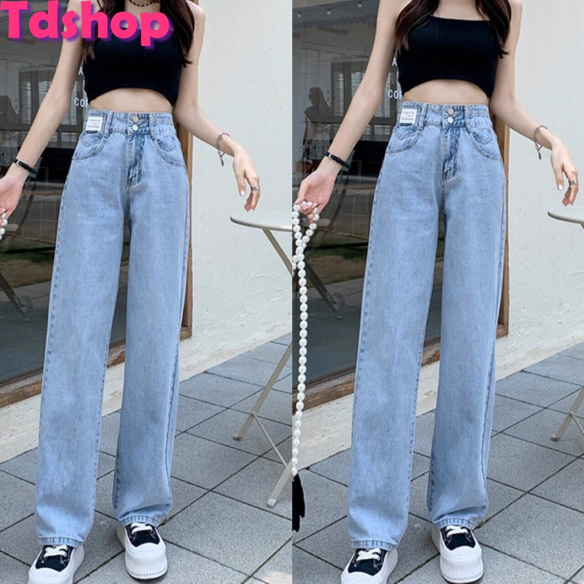 Quần Bò Ống Suông Rộng Nữ TDSHOPNT Lưng Cao 2 Cúc Dáng Baggy Suông Cá Tính Q125