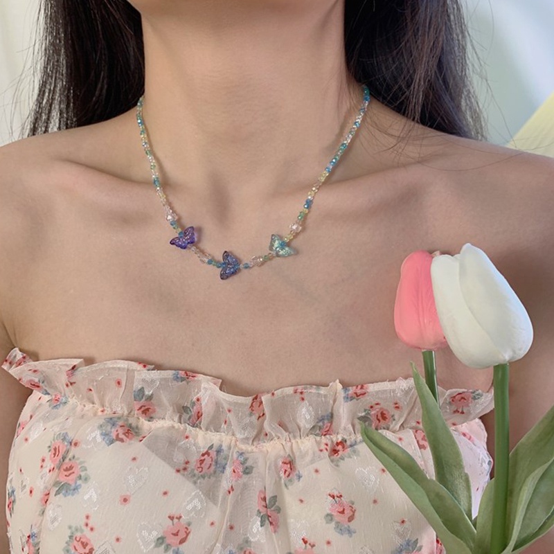Vòng cổ Chuỗi Hạt Pha Lê Xanh Dương Handmade Mặt Bướm