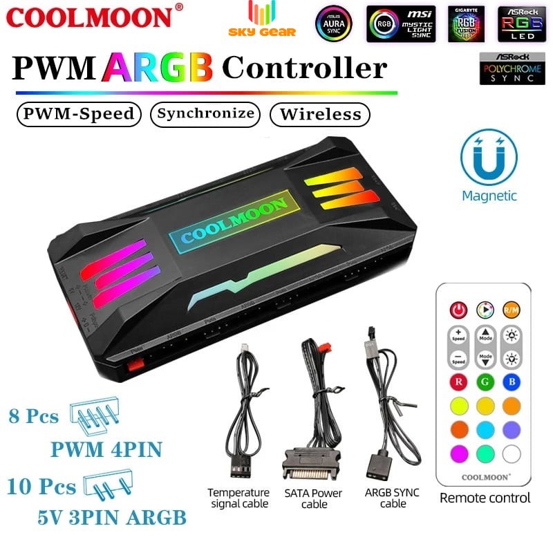 Bộ Hub Coolmoon P-ARGB v2, 8 cổng 4 pin PWM + 10 cổng Led 3 pin 5v ARGB Trắng / Đen