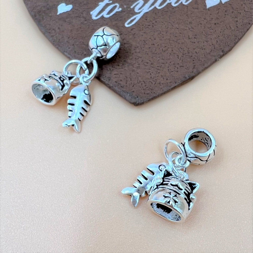 Charm móc treo lỗ lớn mèo và xương cá - Charm Bạc 925 - Mã CA805