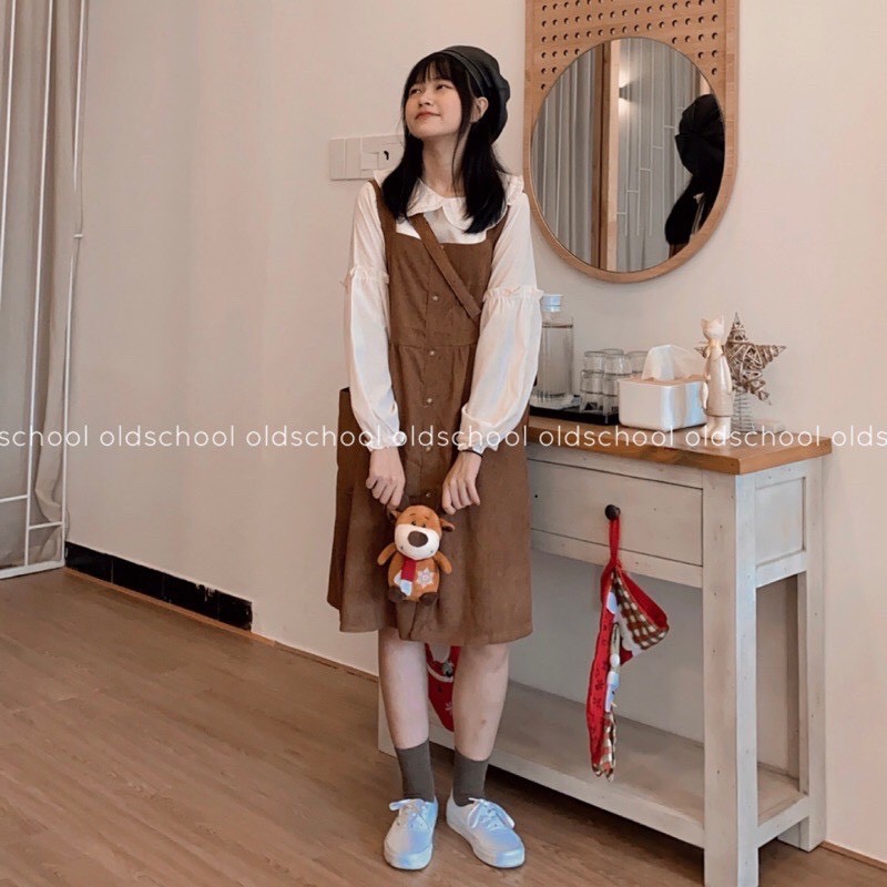 [Ảnh thật] Set yếm nâu babydoll chất nhung tăm kèm áo cổ bèo tiểu thư ulzzang