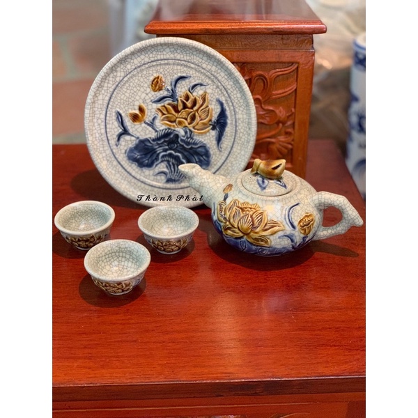 Bộ Đồ Thờ Men Rạn Đắp Nổi Bát Tràng, Đồ Thờ Thần Tài, Gia Tiên Men Rạn, Bát Hương Men Rạn Bát Tràng