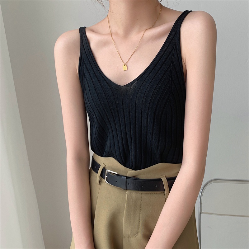 Áo dệt kim SUXI không tay cổ chữ v màu sắc đơn giản thời trang mùa hè dành cho nữ