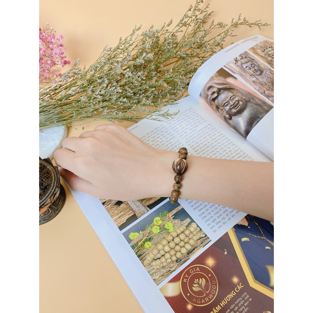 Vòng Trầm Hương Kỳ Gia 21 Hạt 8li Mix Charm Chusa Chạm Sen.Trầm 100%