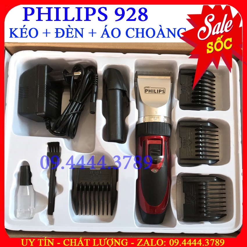 Tông Đơ Cắt Tóc PHILPS model:928, tăng đơ hớt tóc - Pin sạc. Kèm phụ kiện 2 kéo cắt tỉa, đèn, áo choàng.