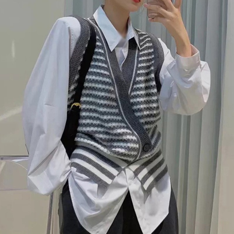 Áo Cardigan Dệt Kim Không Tay Hoạ Tiết Kẻ Sọc Phong Cách Retro | BigBuy360 - bigbuy360.vn