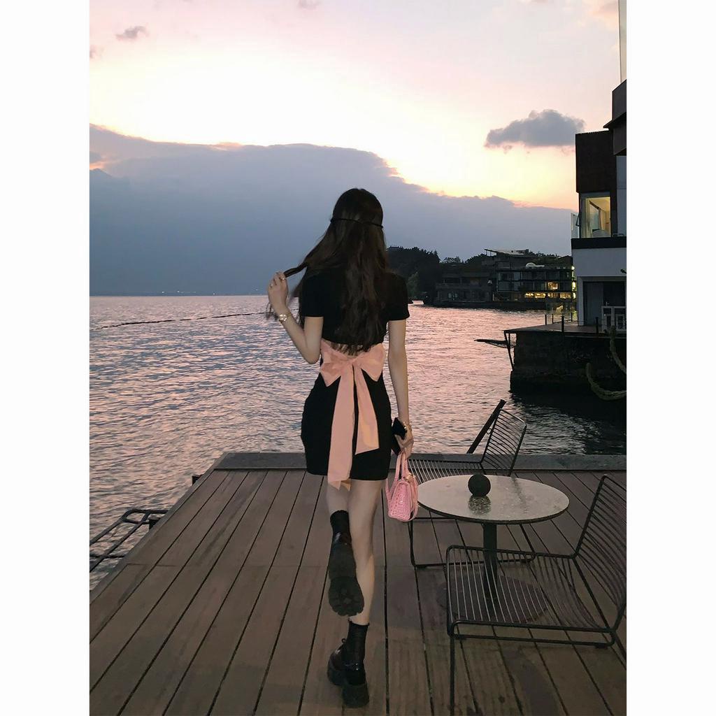 Đầm Ngắn Tay Phồng Thắt Nơ Eo Màu Sắc Retro Pháp Thời Trang Mùa Hè Dành Cho Nữ