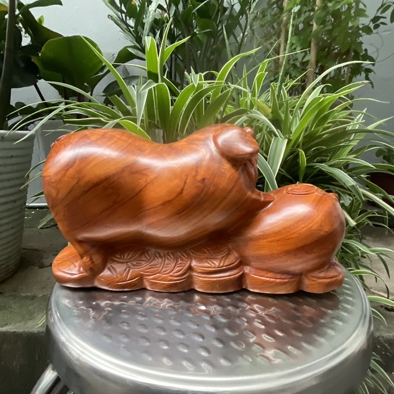 Tượng con heo con lợn gỗ hương ngang 25cm