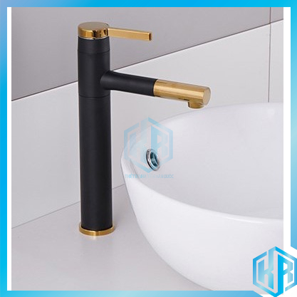 Vòi lavabo nóng lạnh bằng đồng hình trụ tròn 30cm sơn tĩnh điện đen vàng cao cấp