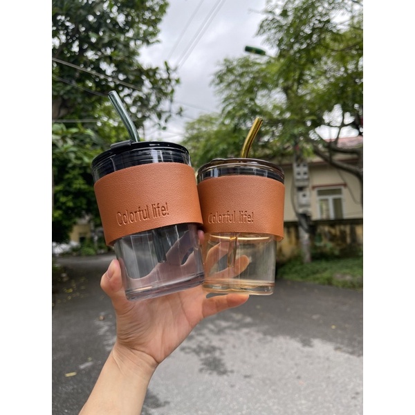 Cốc thuỷ tinh kèm Bao Da có Nắp và Ống hút tiện dụng ly thuỷ tinh dung tích 450ml uống nước cafe trà tiện dụng MinHome