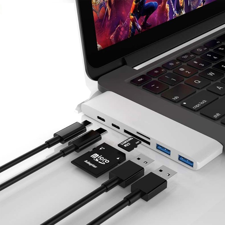 Hub chia USB Type-C 6 Cổng sang SD/TF/ USB 3.0 hỗ trợ sạc USB-C