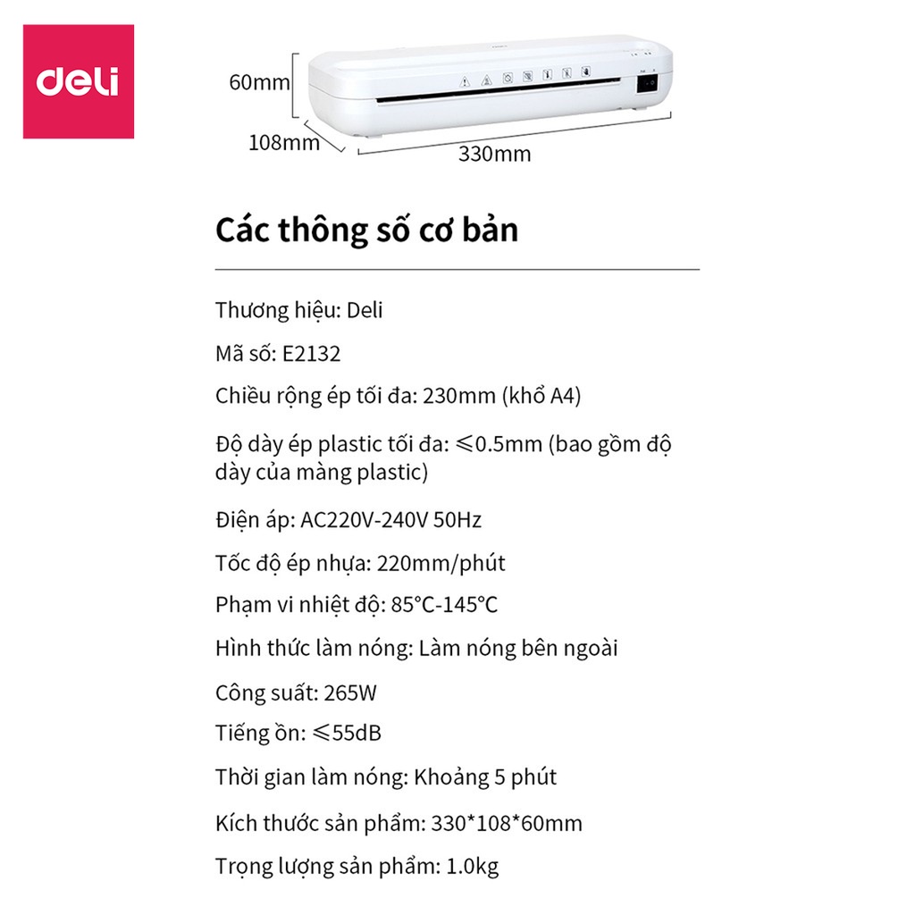 Máy Ép Plastic Khổ A4 Deli Chính Hãng Chuyên Dụng - Ép Nhựa Dẻo, Màng Ảnh, Poster An Toàn Dễ Sử Dụng - E2132