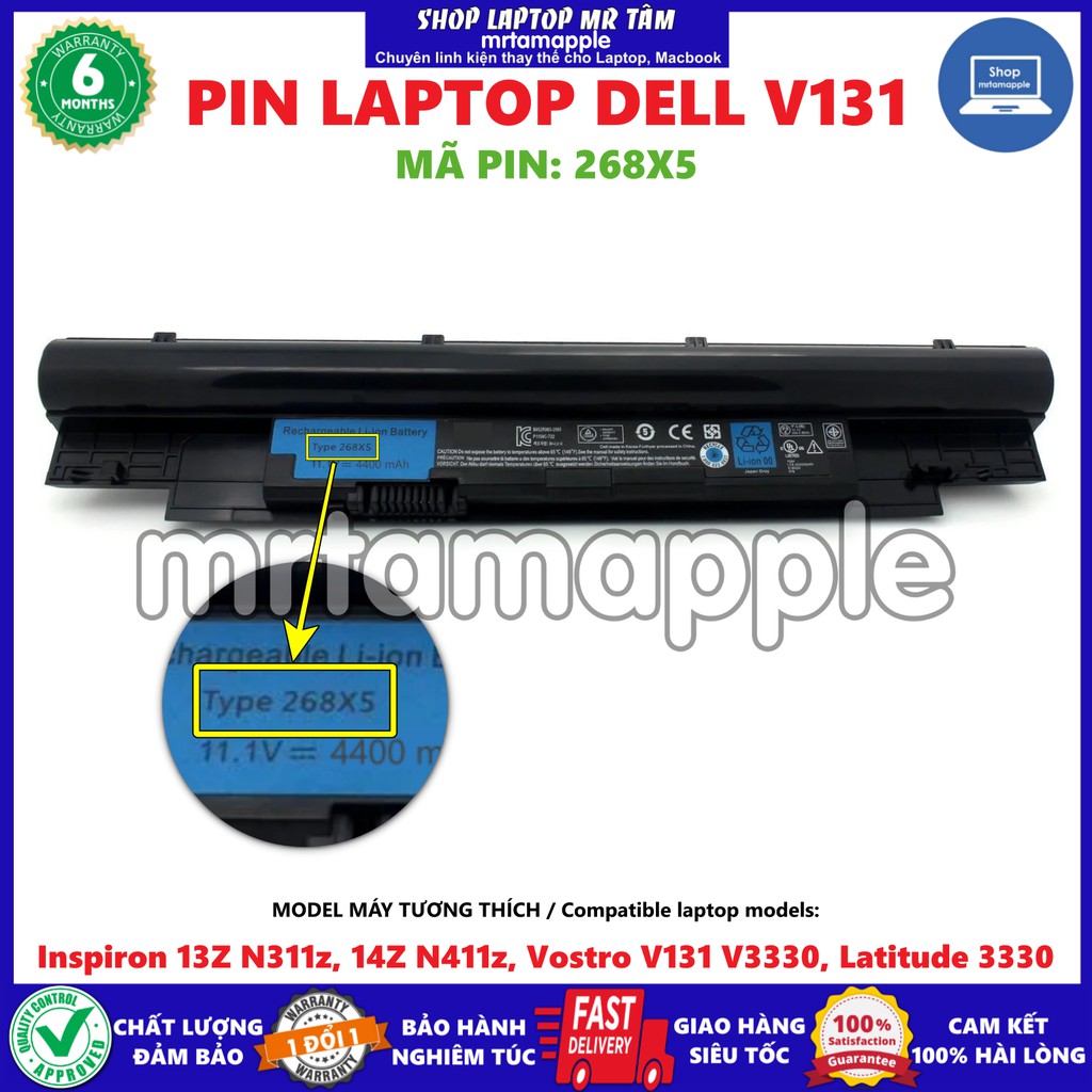 [Mã 267ELSALE hoàn 7% đơn 300K] Pin Laptop DELL V131 - 6 CELL - Inspiron 13Z N311z, 14Z N411z, Vostro V131 268X5 N2DN5