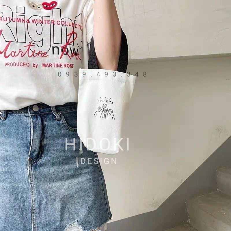 Túi Vải In Hình Đựng Ly Giữ Nhiệt Vải Canvas Dây Đai