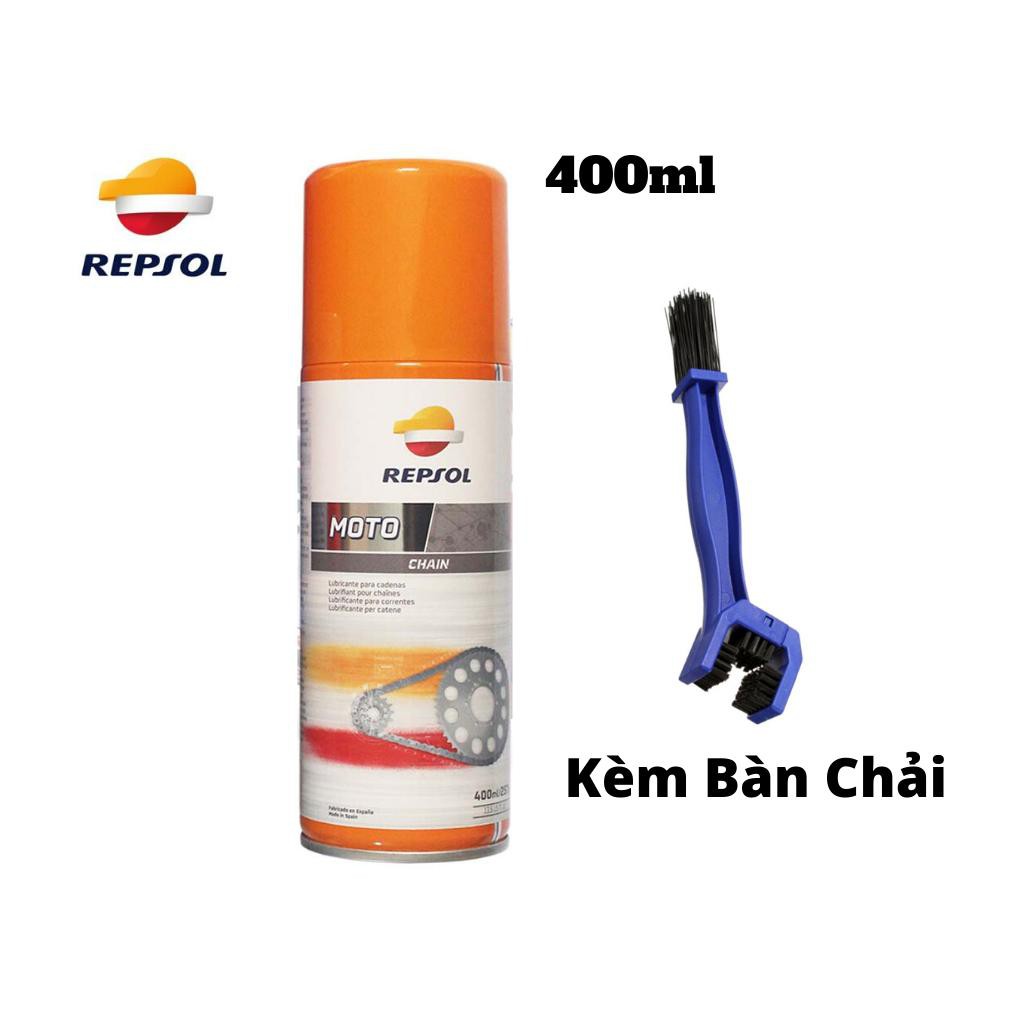 Combo Bình Xịt Bảo Dưỡng Sên Repsol Moto Chain 400ml Kèm Bàn Chải