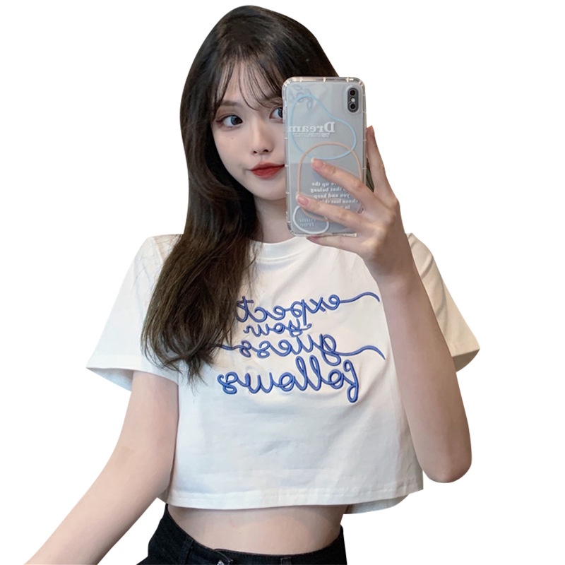 Áo Thun Croptop Ngắn Tay Cổ Tròn Thêu Chữ Phong Cách Hàn Quốc Thời Trang Cho Nữ
