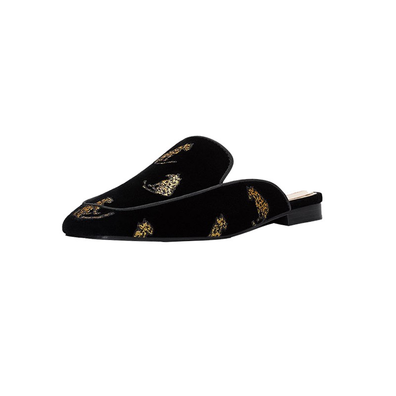 DÉP SỤC NỮ MÀU ĐEN MŨI VUÔNG VẢI NHUNG THÊU HOẠ TIẾT