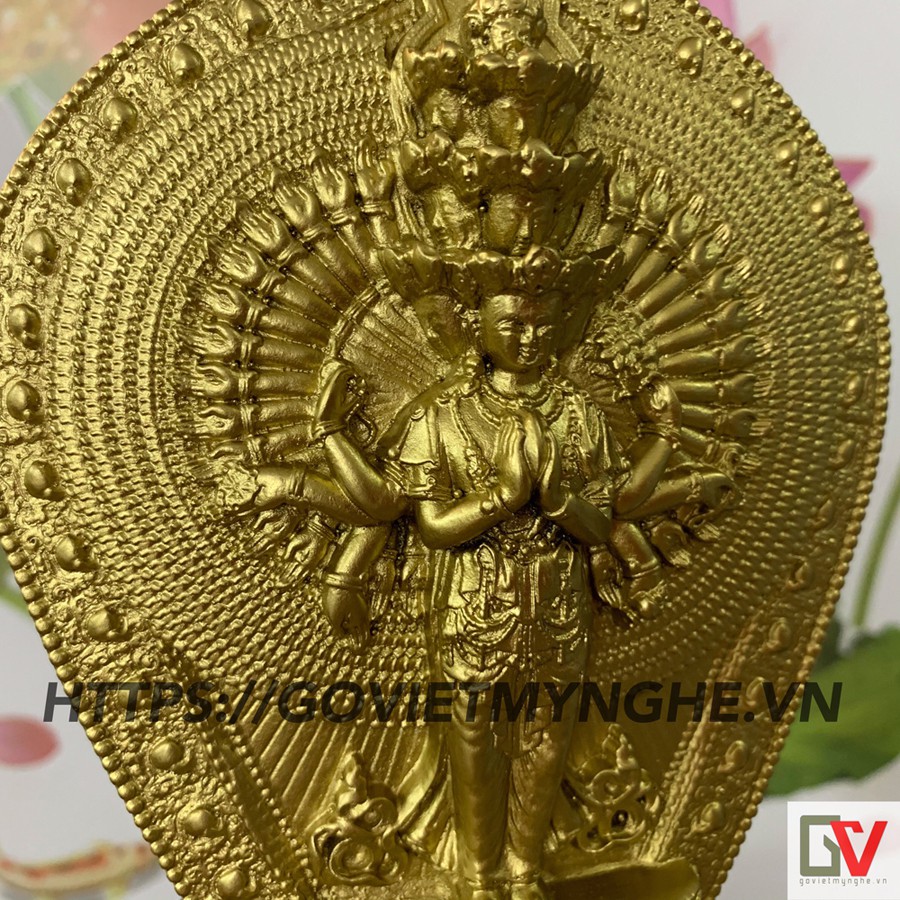Tượng Phật Bà Quan Âm nghìn mắt nghìn tay đứng tòa sen - Cao 19cm - Tượng 1 Mặt - Màu vàng