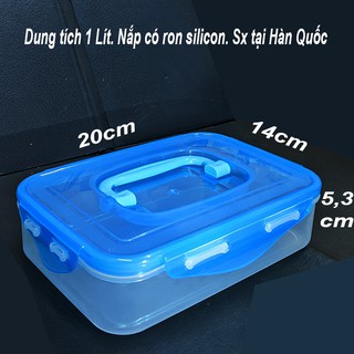 hộp nhựa đựng thực phẩm 1 lít, nắp khóa cài, ron silicon kín hơi, quai xách. 20x14cm cao 5,3cm sx tại Hàn Quốc. d060