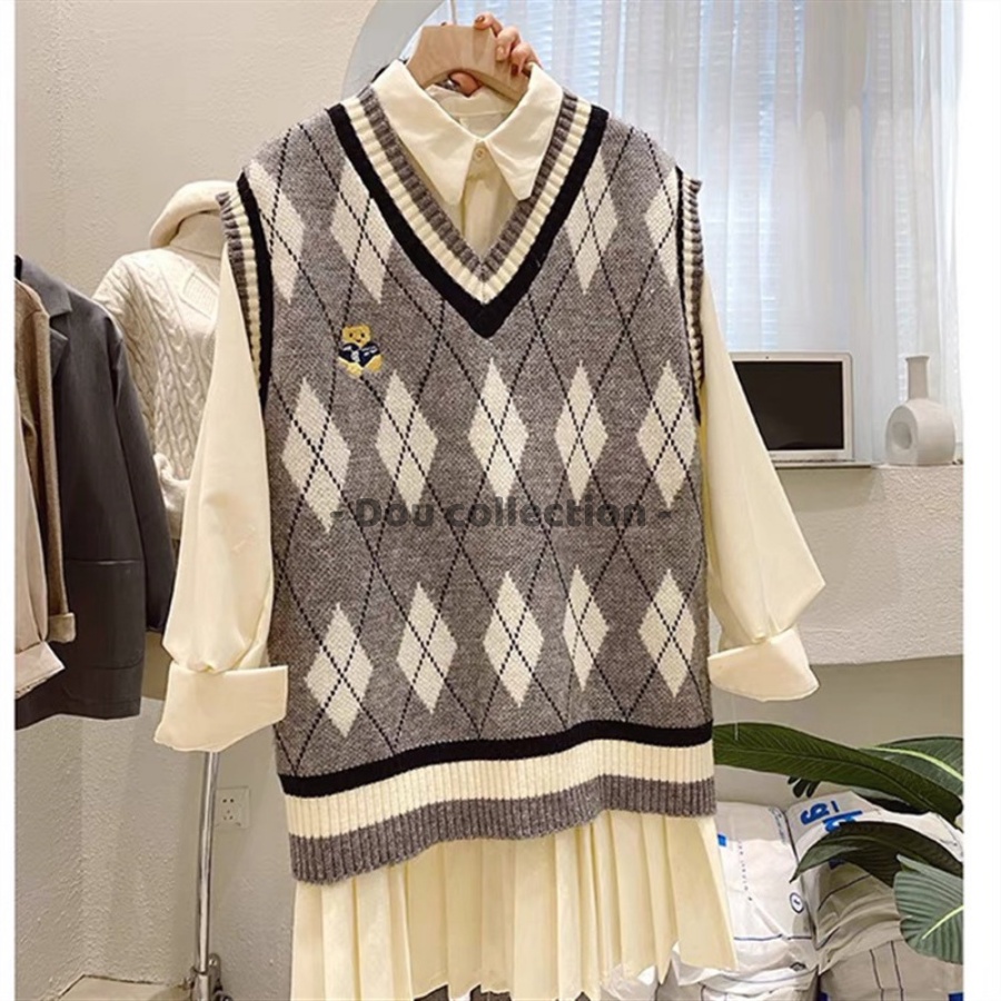 Áo Gile Cổ Chữ V Họa Tiết Hình Thoi Áo Len Không Tay Dáng Xuông Cá Tính Thời Trang Thu Đông - Mã TA019