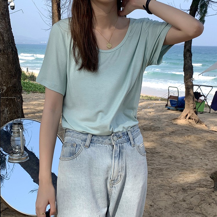 Áo thun trơn Ngắn tay nữ Áo phông nữ Cổ tròn Tay ngắn Cotton Basic Form rộng Ulzzang Hàn Quốc Thời trang | BigBuy360 - bigbuy360.vn