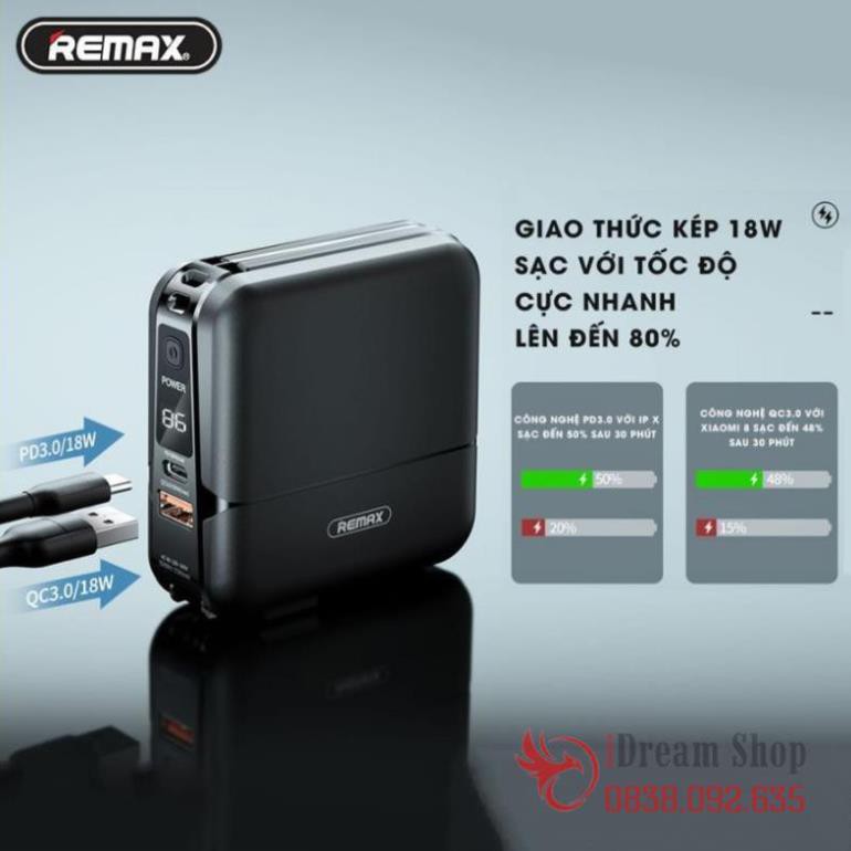 Củ sạc cốc sạc kiêm cục pin sạc dự phòng đa năng Remax 15000mAh sạc nhanh 4 cổng tích hợp sẵn cáp