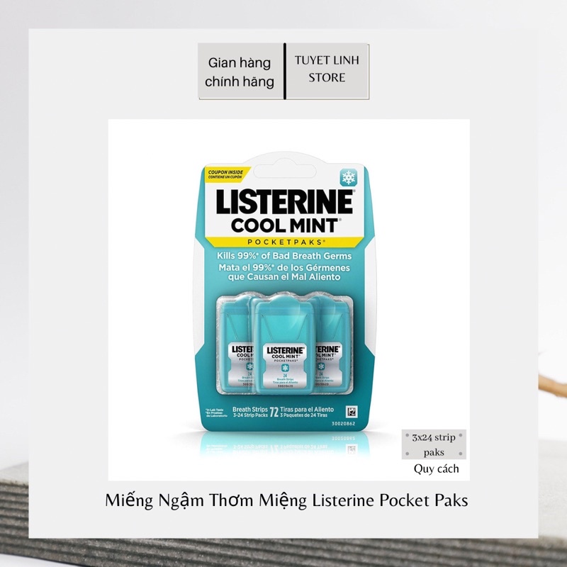 Miếng Ngậm Thơm Miệng Ngừa Sâu Răng Vượt Trội, Kháng Khuẩn Cực Cao Listerine Pocketpaks (3 vỉ x 24strips)