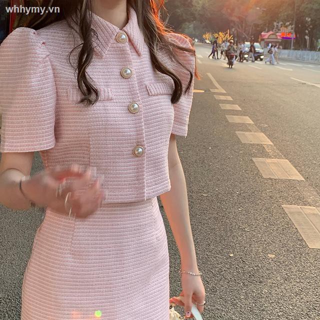 ☎﹉two-piece suit toffee~Korean girl pink short-sleeved shirt top + thin frayed hip skirt