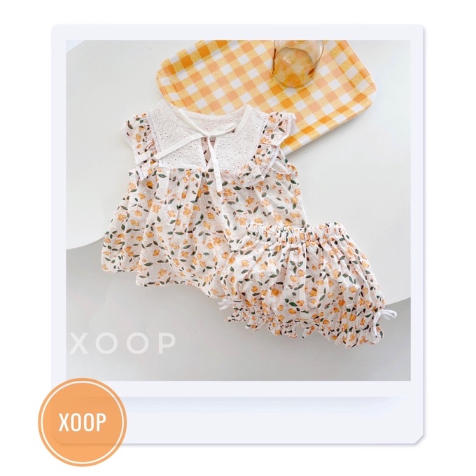 Bộ cộc thô mềm hạt nảy  phối ren trắng hoa tím vàng cho bé gái (8-18kg)