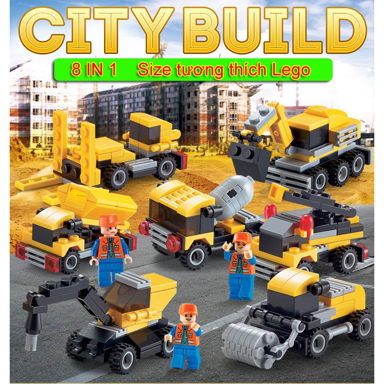 Bộ 8 kiểu xe công trình trò chơi mô hình lắp ráp thông minh phát triển trí tuệ mảnh nhỏ 3-6 tuổi