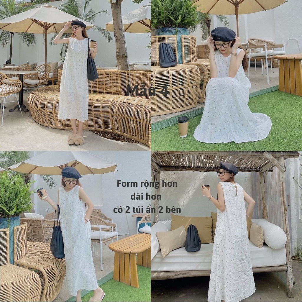 Đầm maxi form rộng chữ A, Đầm yếm dáng suông dài qua gối Cao Cấp vải kate trắng thêu hoa nhí, sát nách cổ tròn - MiNhi