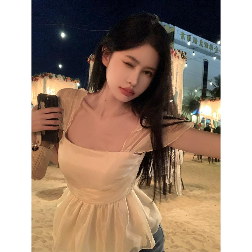 Áo Chiffon Sát Nách Cổ Vuông Form Ôm Kiểu Dáng Đơn Giản  tao bao