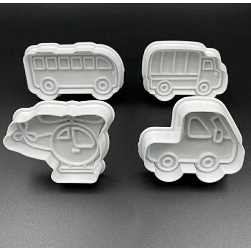 Bộ 4 cutter nhấn lò xo hình xe tải, bus, máy bay hoạt hình 2D